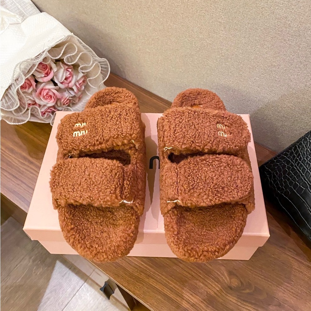 Miu Miu Brown Fuzzy Double-Strap Slide Slippers